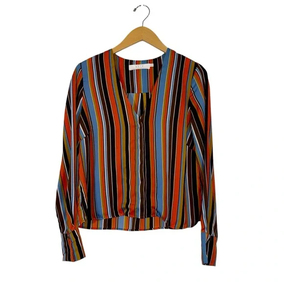 ASTR The Label Doreen Orange Multi Striped Satin Button-Up Long Sleeve Top Sz XS - Picture 2 of 10